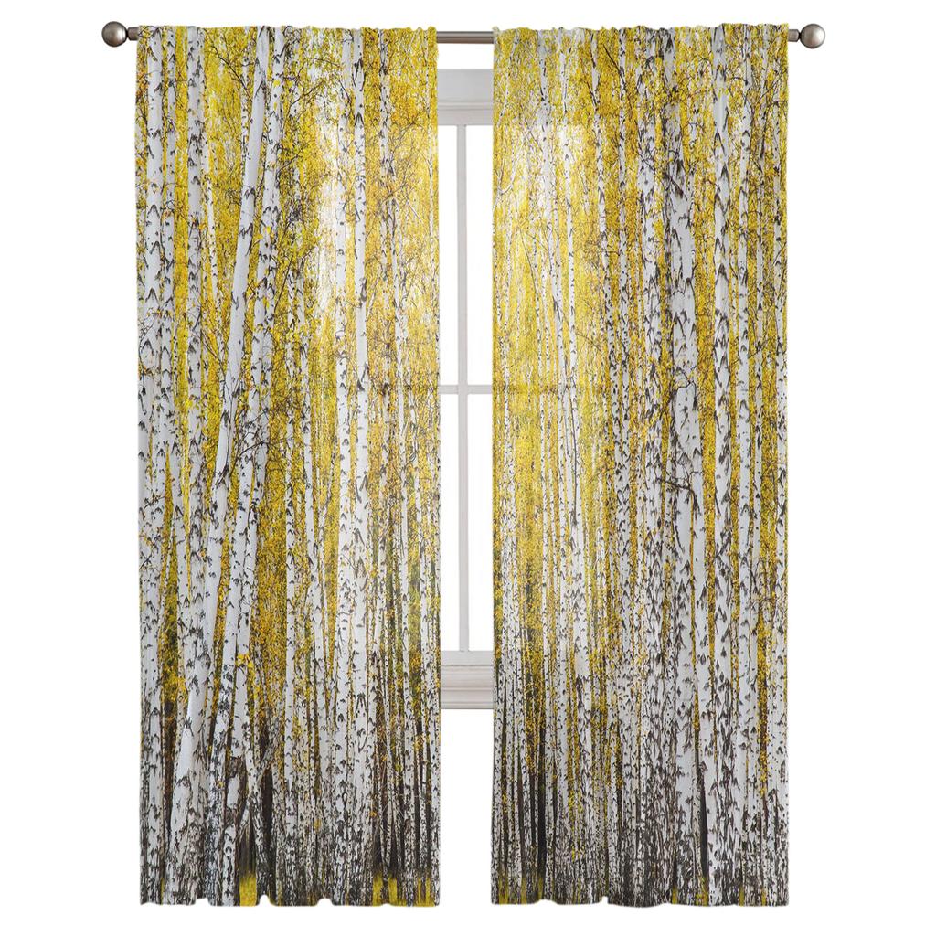 Aspen Trees Autumn Woods Window Curtains For Living Room Bedroom Kitchen Chiffon Sheer Window Treatment
