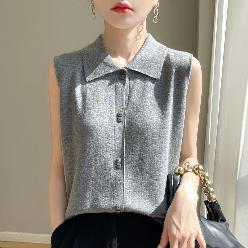 Exquisite and Fashionable Shirt Collar Knitted Vest for Women Stacked In Slim-fitting Sleeveless Suit with Bottom Vest