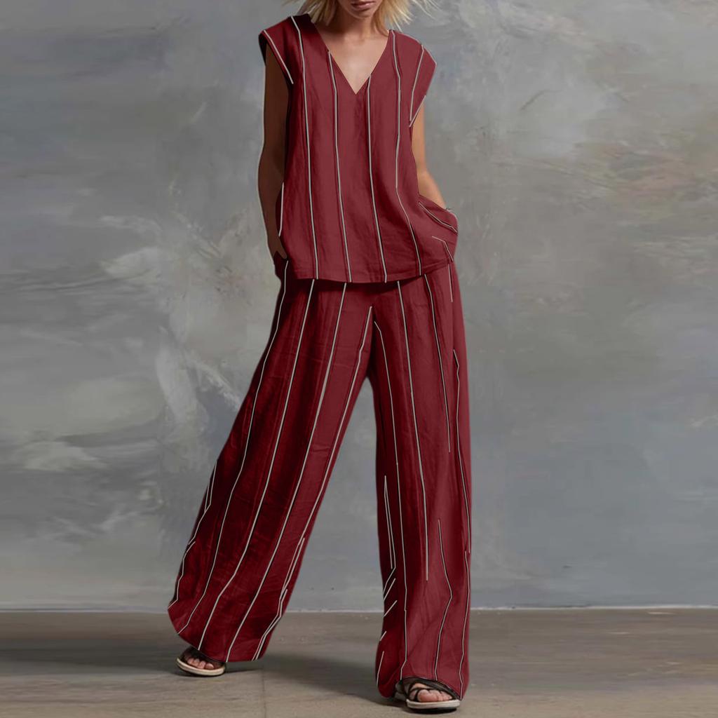 Ladies' Fashionable Casual V-neck Striped Top And Casual Pants Two-piece Set
