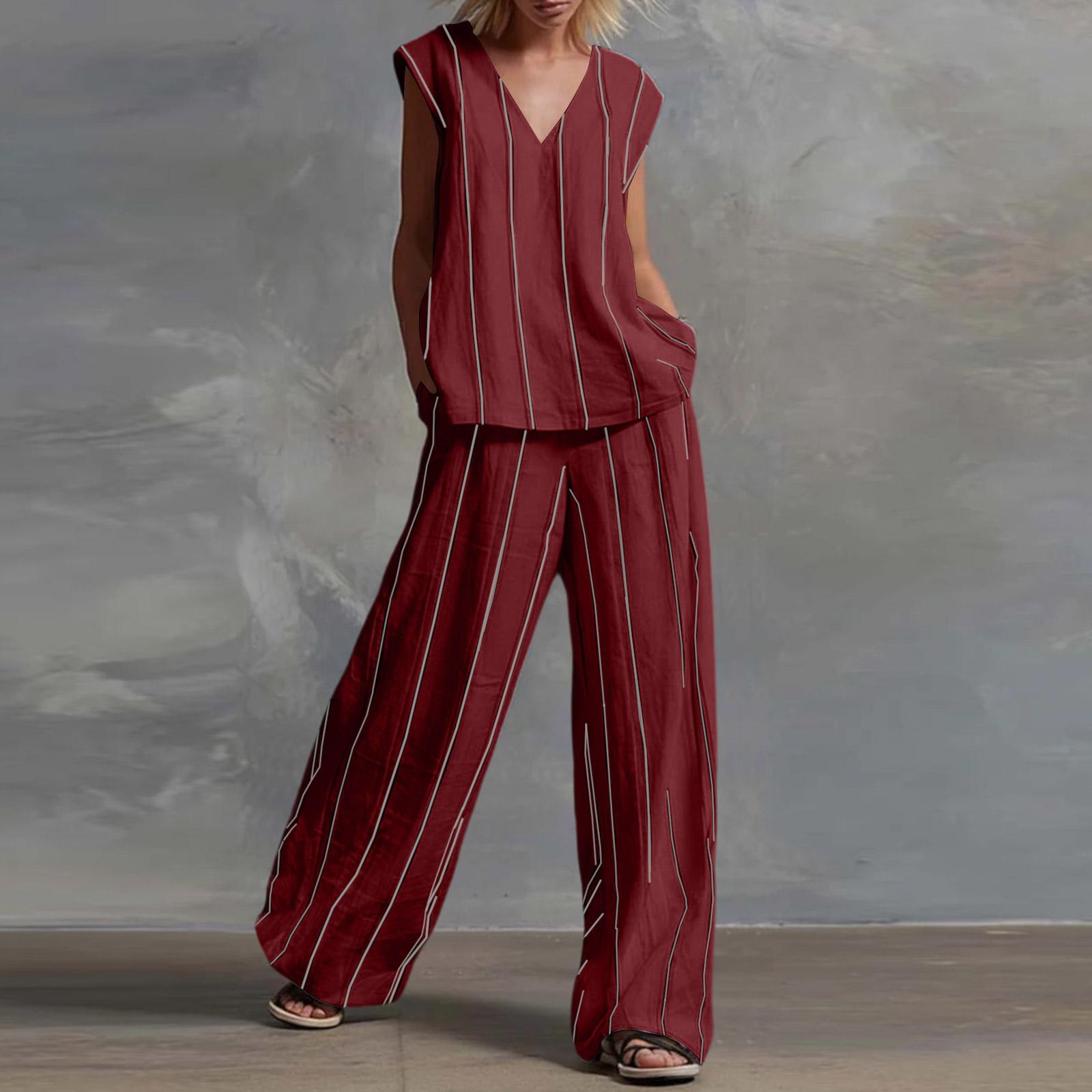 

Женский модный повседневный полосатый топ с V-образным вырезом и повседневные брюки, комплект из двух предметов XL красный