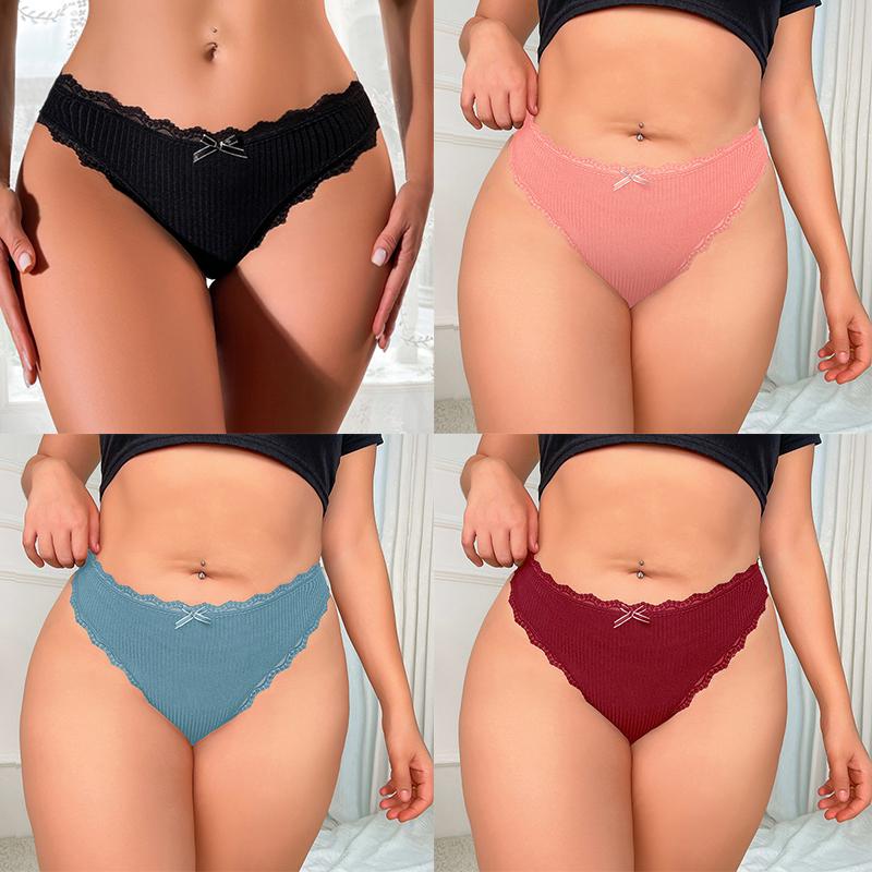 

4PC Women Lace Briefs Female Underpants Lingerie Patchwork Trendy Lace Panties Soft Low-Rise Underwear XL