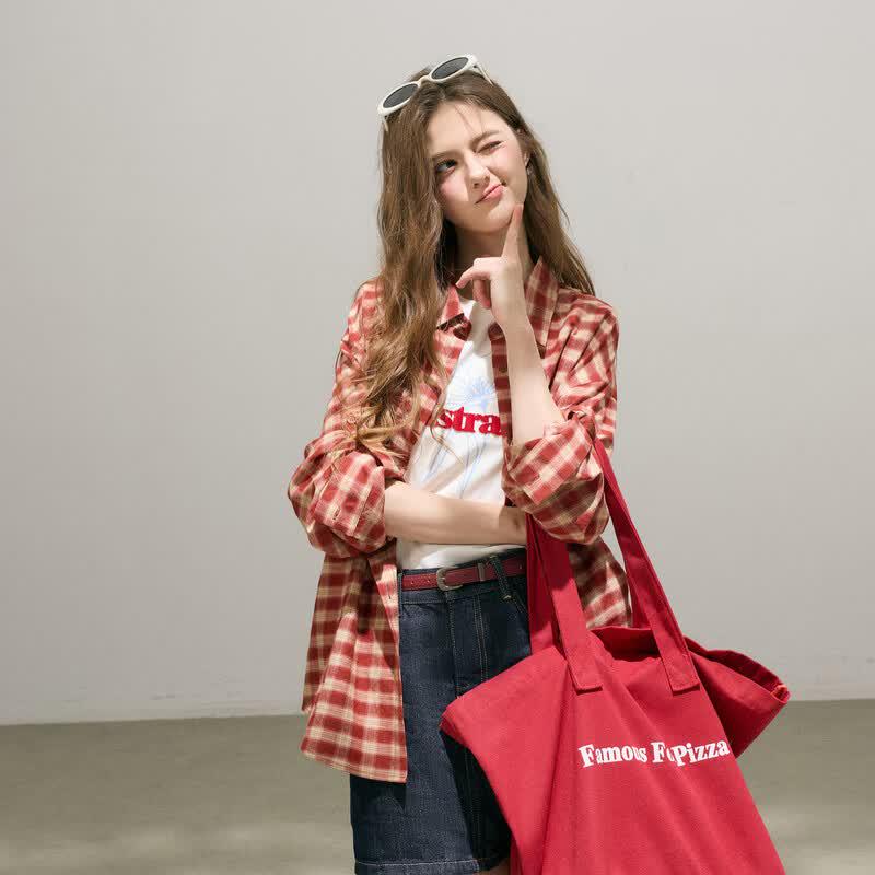 SanCai 2026 Autumn Plaid Loose Lapel Shirt