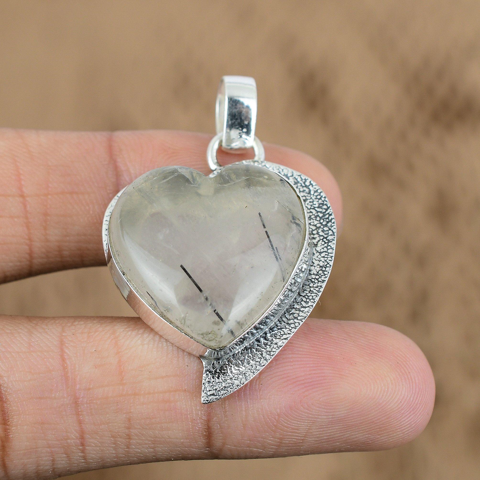 

925 Sterling Silver Natural Black Rutile Daughter Heart Wedding Pendant Jewelry