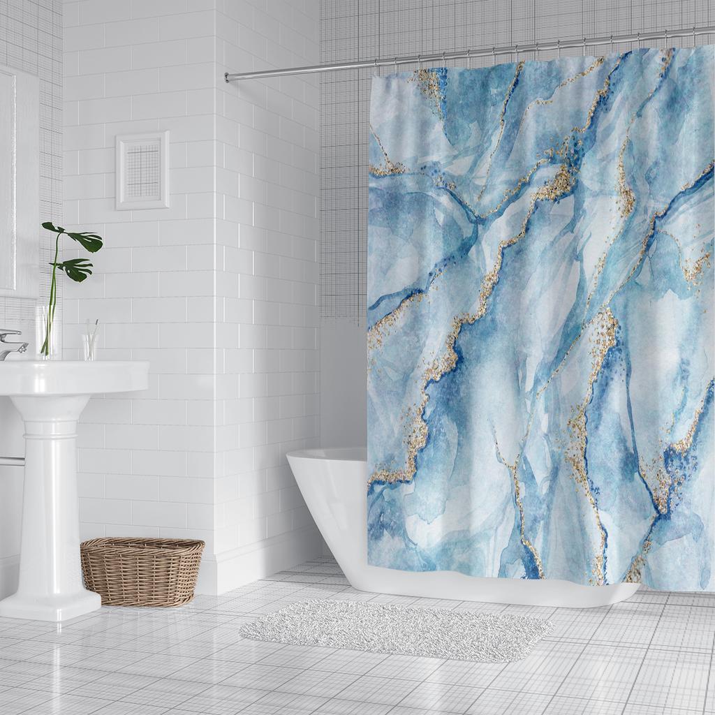 1 Piece of 180x180cm Blue Marble Pattern Digital Printing Shower Curtain Partition Bathroom Waterproof and Mold Resistant