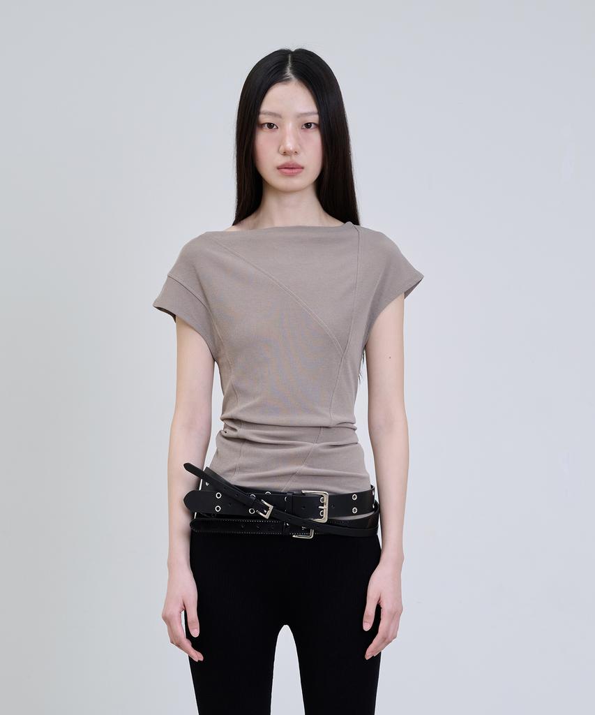Deoaeteus Cap Sleeve Curved T-Shirt_Khaki Beige