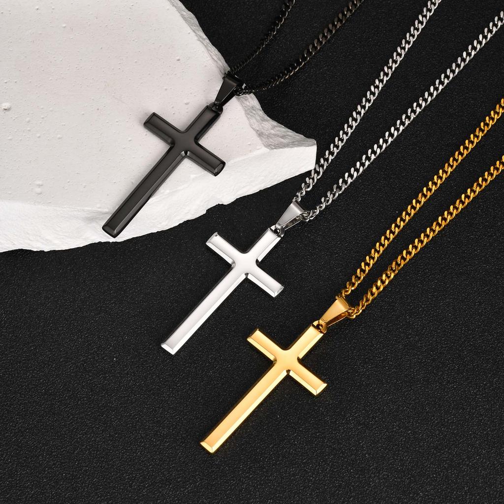 Vnox Gold Black Silver Color Cross Pendant Necklace for Men Women, Stainless Steel Cuban Link Chain, Cross Collar Gift for Him
