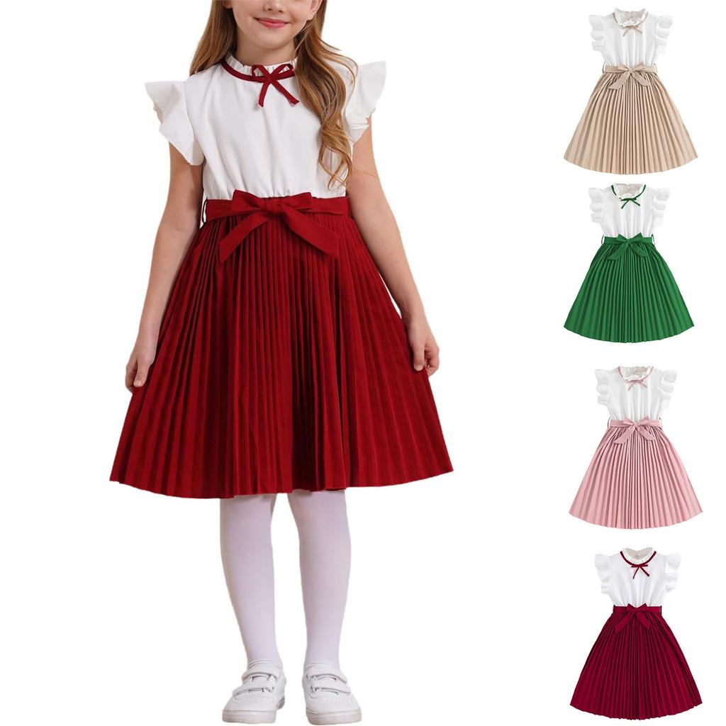 Summer Children's Dress Children's Dress Fancy Flying Sleeve Color Patchwork Pleated Girls Cute Fashion Princess Dress