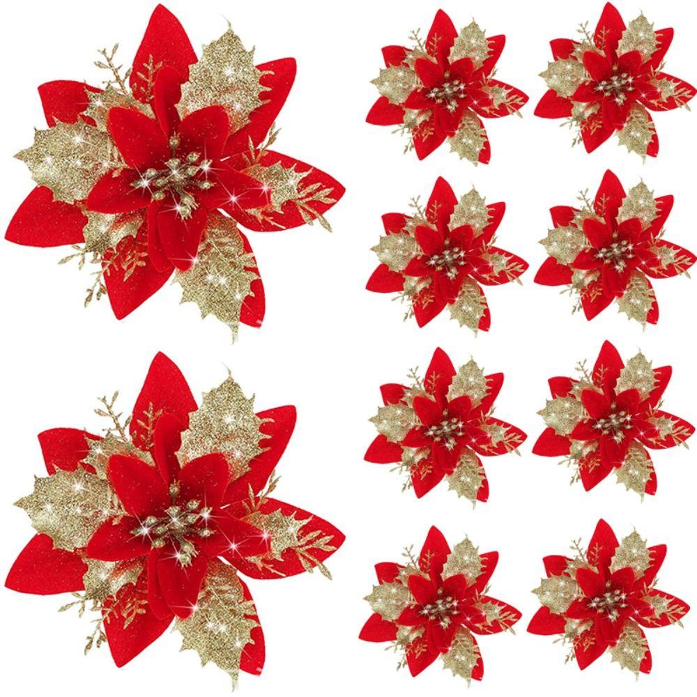 8pcs Gold/Silve Christmas Tree Flowers Pink/Blue Poinsettia Flowers Gift Party Decoration  Christmas