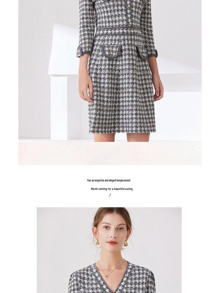 2025 Fall/Winter Retro European & American Houndstooth V-Neck Mid-Length Knitted Dress