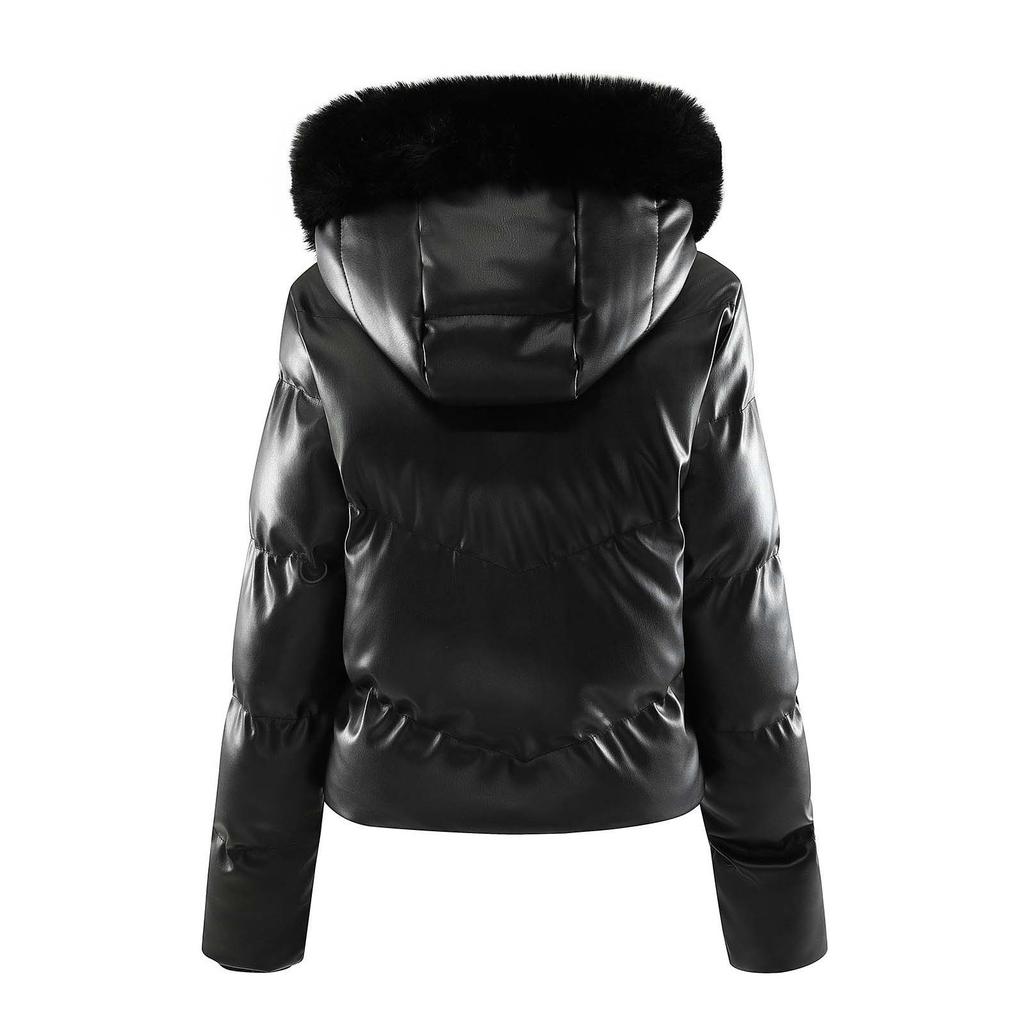 Women's Winter Fashion Casual Slim Cotton Jacket Faux Fur Collar and Hooded Hooded Warm Jacket Coat Pu Leather Zipper