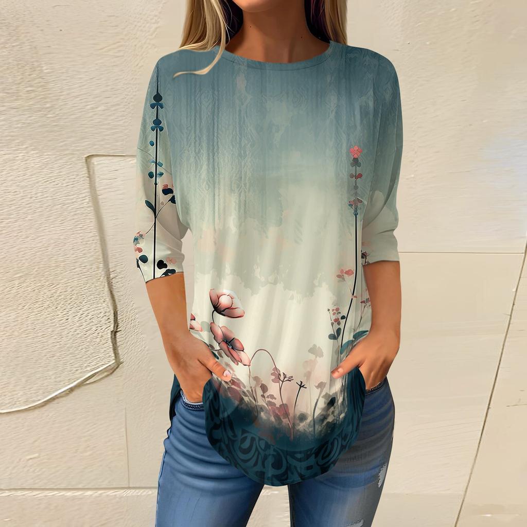 Women's Loose Round Neck Print 3/4 Sleeve T-Shirt Top Pullover