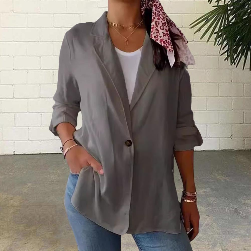 Women Suit Coat Lapel Long Sleeve Single Breasted Suit Jacket Side Slit Hem Single Color One Button Business Outwear