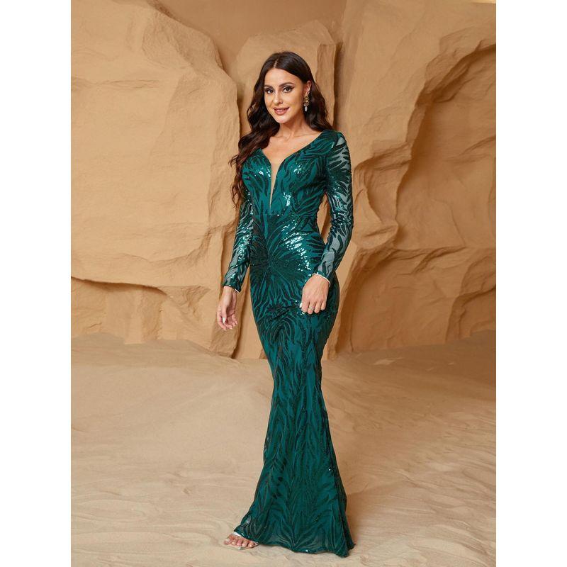 Maxi Dress Women Evening Party Dresses Long Lady Night Club Dark green XL
