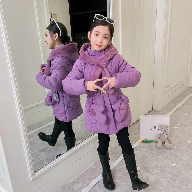 Winterjacke für Mädchen mit Pelzkragen, mittlere bis große Kinderoberbekleidung, warm halten, Prinzessinnenmantel mit Kapuze, Reißverschluss, Mädchenoberbekleidung, Kinderkleidung