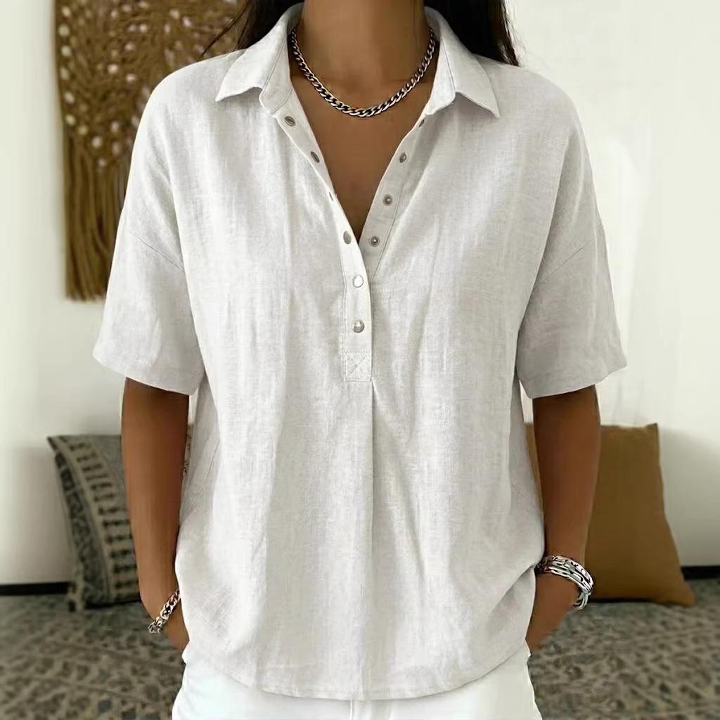 2026 new single-breasted lapel shirt for women solid color casual Polo collar short-sleeved Asian