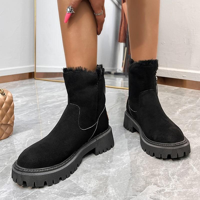 Large size medium heel Martin boots women's autumn and winter new velvet warm snow boots flat-bottomed thick-soled cotton boots