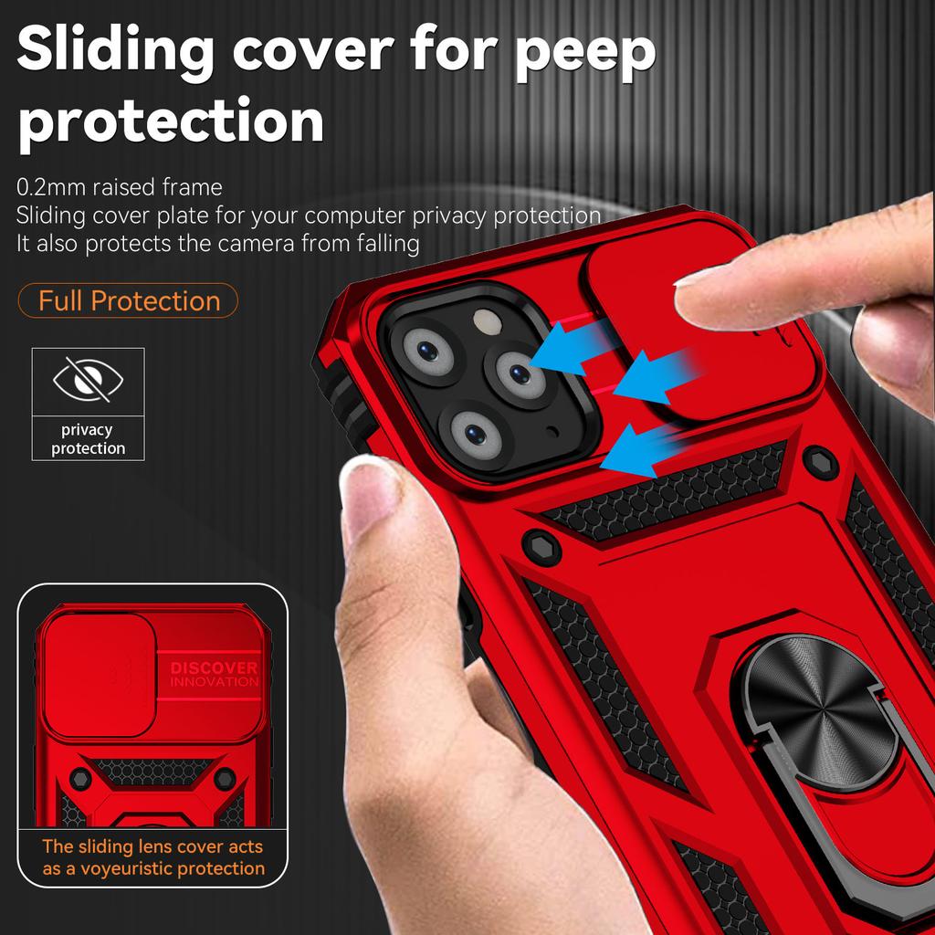 For iPhone 11 Pro Case Kickstand PC+TPU Hybrid Phone Shell with Camera Slide Cover -  Red