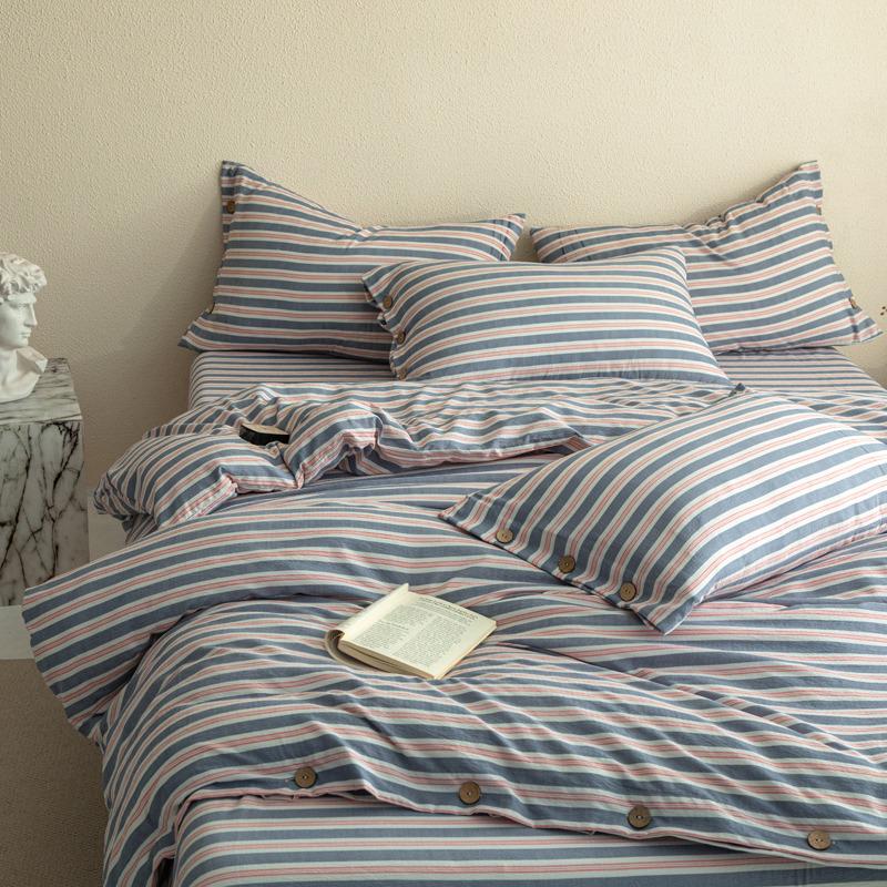 Double-Layer Plaid Bedding Set: All-Season Button-Down Stripe Duvet Cover, Student Dorm Bed Sheet, 3-Piece Set