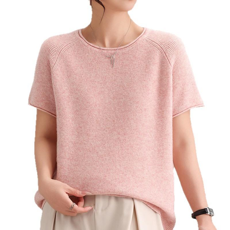 Spring And Autumn New Cashmere Wool Blended Curled Crew Neck Knitted Sweater Short Sleeve Women'S Solid Color Pullover Bottom Shirt