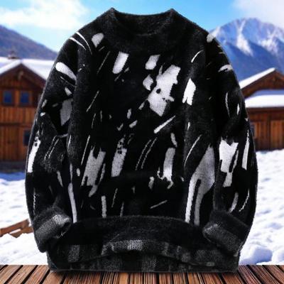 Men's Faux Mink Sweater Half Turtleneck Blue Ink Print Loose Warm Pullover