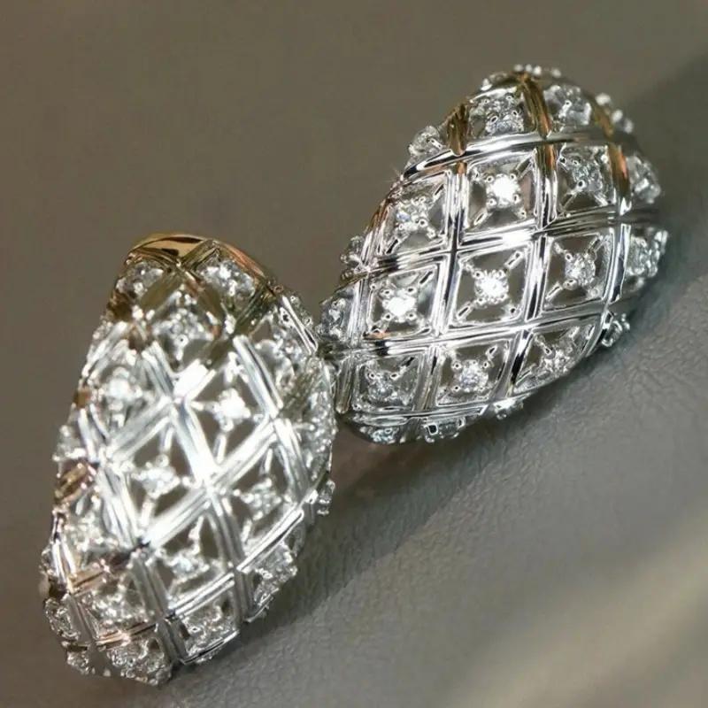 

Huitan Trendy Oval Grid Design Hoop Earrings for Women Luxury Paved Shiny Cubic Zirconia Copper Color/Gold Color Hollow Zircon