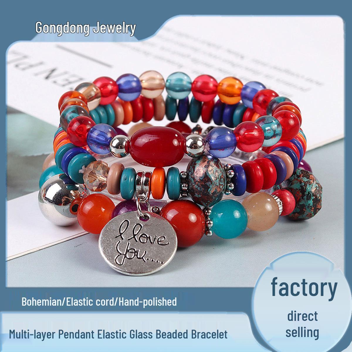 

Bohemian Chinese-Style Multilayer Beaded Bracelet with I Love You Pendant