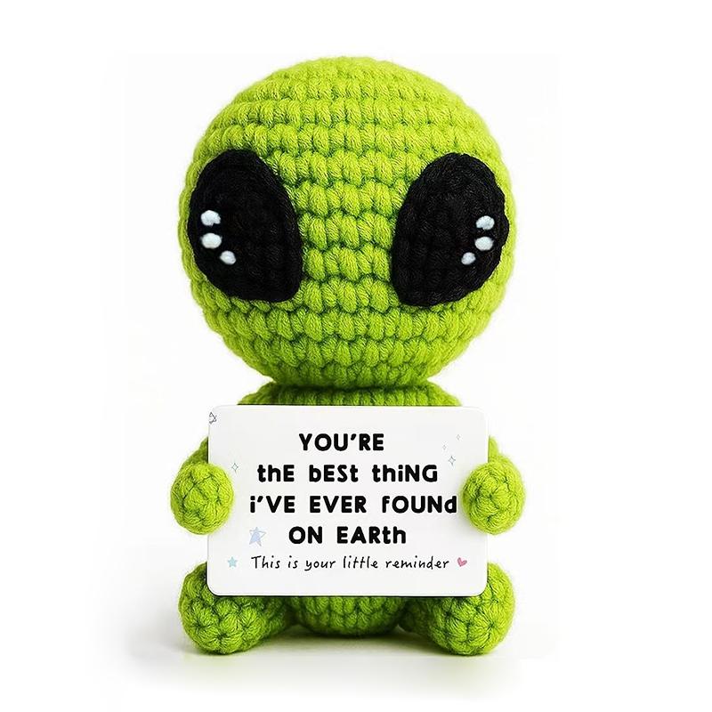 Funny Alien Crochet Doll With Cards Positive Energy Crocheted Earth Desktop Ornament Handmade Knitted Cow Doll  Home Room Decor