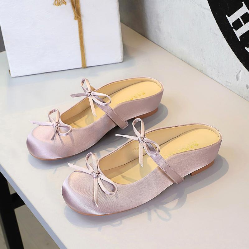 French Satin Bow With One Strap With Shallow Mouth Half-Tugging Women's Hollow Inner Heightened Round-Head Sandals Comfortable