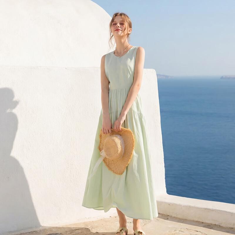 SanCai 2026 Summer Round Neck Sleeveless A-Line Cotton Dress