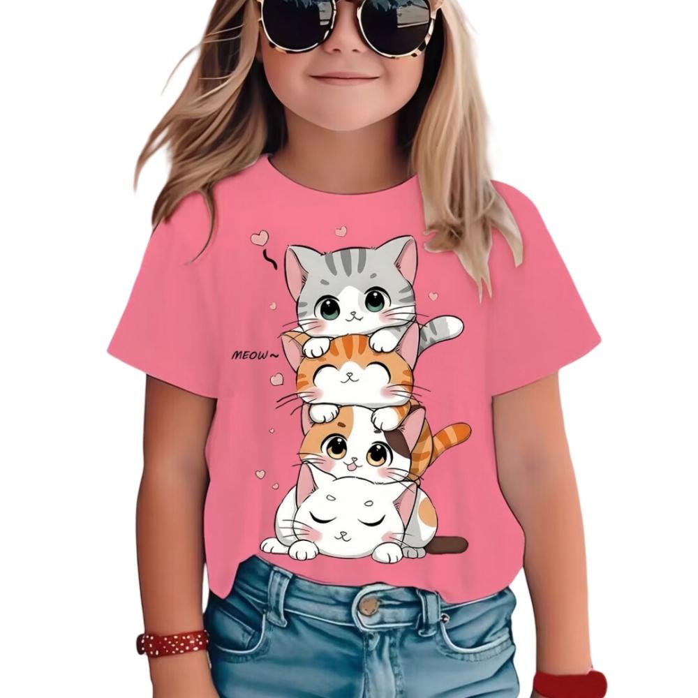 2025 New Girl's T-shirt Fashion Dolphin Children's Clothing Summer Girl's Clothing Cartoon Top Cute Cat Printed T-shirt Children's Clothing