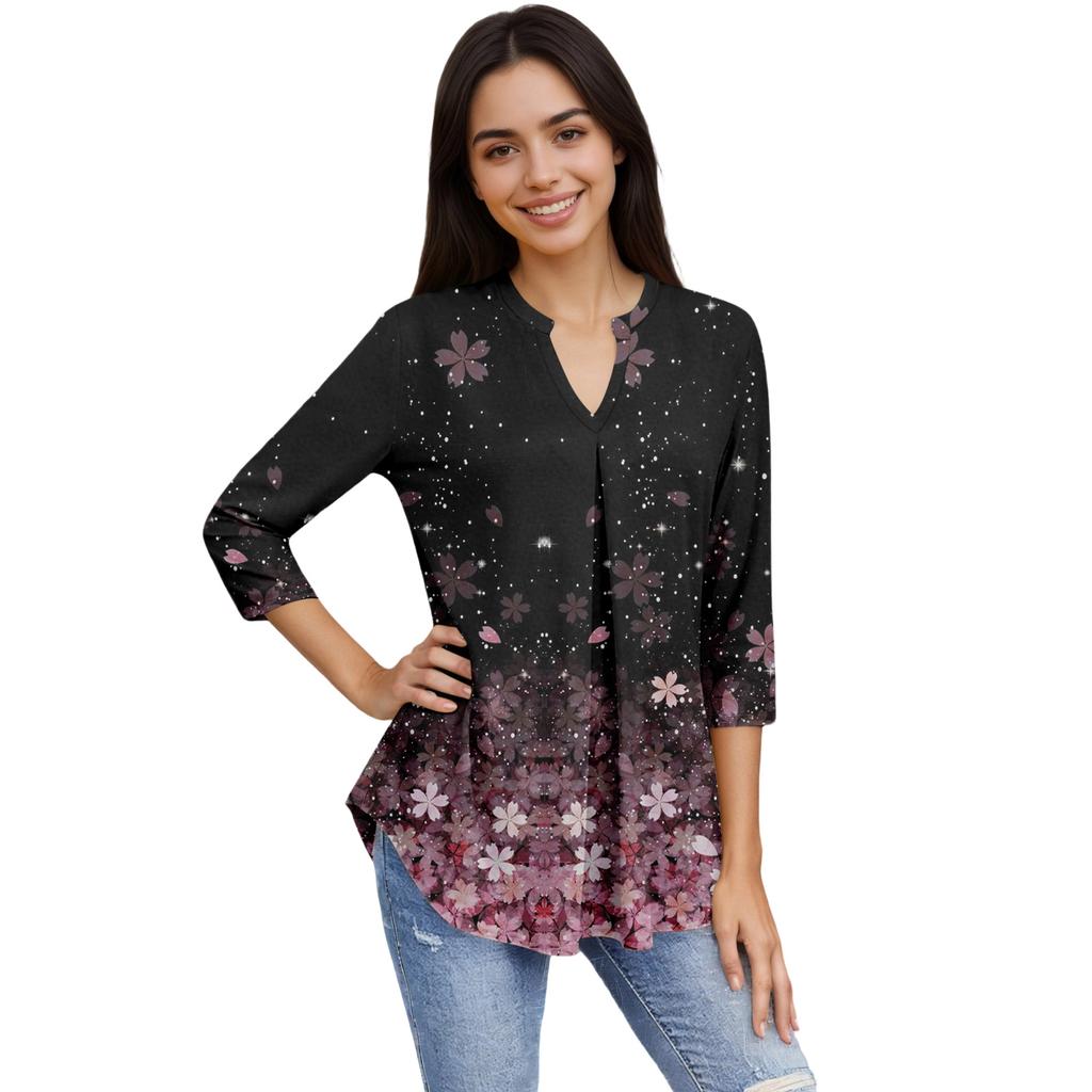 Women's Fashion Casual Three-Quarter Sleeve T-Shirt Printed V-Neck Top