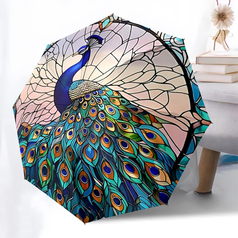 

1pc Stained Glass Peacock Design Automatic Opening/Closing Umbrella with Convenient Three-Fold Design, 8-Bone Iron Frame, Outdoor Umbrella, Ideal Gift