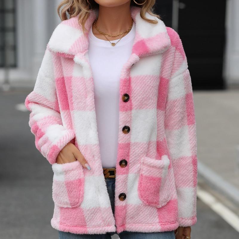 

Осенне-зимнее женское пальто, модное однобортное двустороннее повседневное твидовое пальто средней длины в клетку с длинными рукавами и лацканами XXL розовый