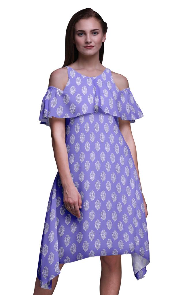 Bimba Block Print Cold Shoulder Women Swing Tunic Flutter Sleeve Midi