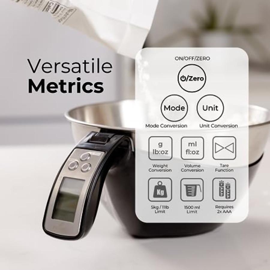 Digital Kitchen Food Scale with Bowl - 11lb Grams Ounces - Removable Dishwasher-Safe Mixing Bowl - Black