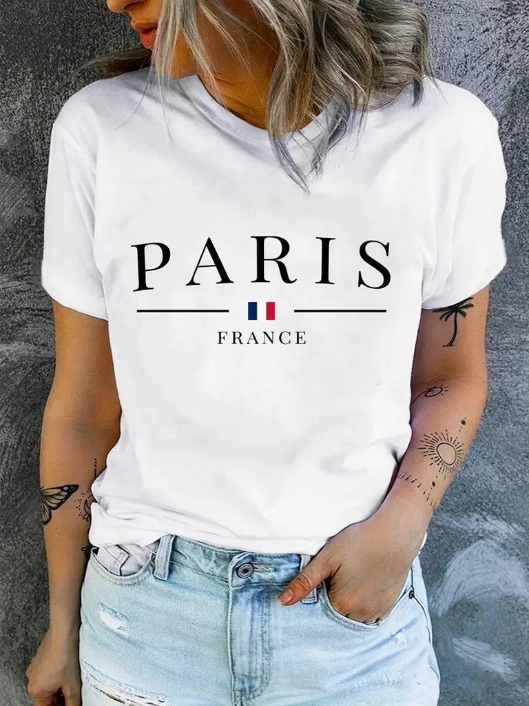 PARIS Print T-shirt Short Sleeve Crew Neck Casual Top For Summer & Spring Women's Clothing