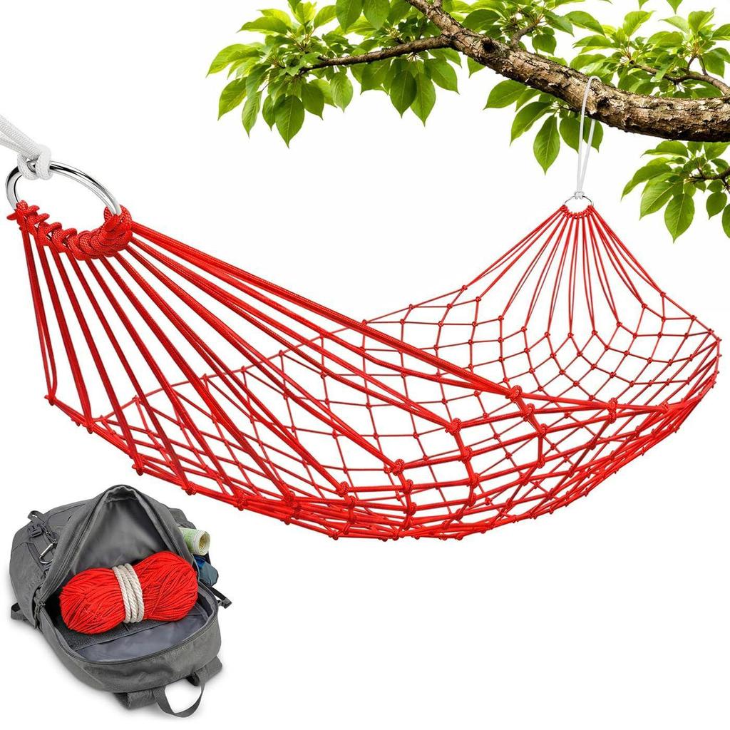 Military Green/Red Mesh Outdoor Hammock with Iron Hook & Nylon Rope