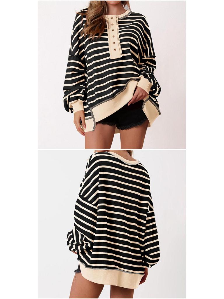 Color Block Long Sleeve Striped Button-Up Casual Sweater for Women - Autumn/Winter