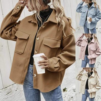 Women's Fashion Solid Color Long Sleeve Shirt Pocket Single Breasted Loose Coat Top