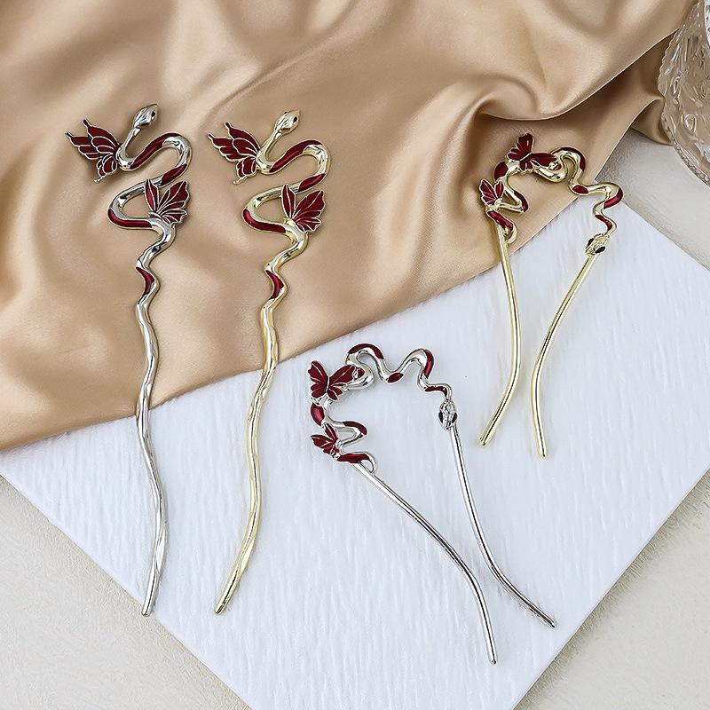 1Pcs Metal Flower Hair Pin Snake Hairpin Vintage Chinese Style Hair Stick Plate Hair Retro Hair Clip Hair Accessory