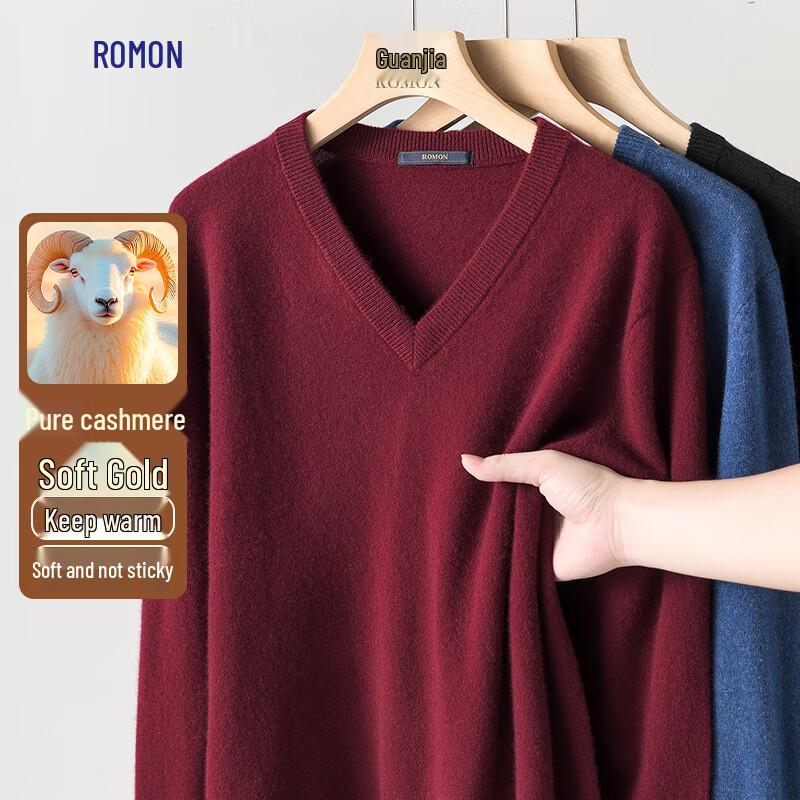 Romon Men's V-Neck Pure Cashmere Sweater for Autumn/Winter