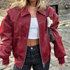 Women Chic Contrast Stitching Red Jacket Fashion Lapel Long Sleeve Zippered Leather Coat Autumn Female Elegant Streetwear