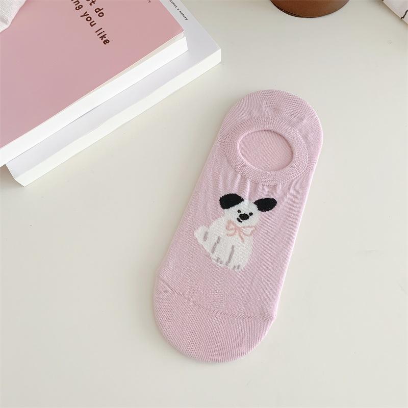 Spring and Summer Cute Little Animal Boneless Boat Socks for Girls, Cartoon School Style Pure Cotton Short Tube Anti-slip Invisible Socks