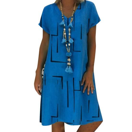 V-Neck Short Sleeve Knee-Length Shift Dress Geometry Plaid Print Casual Summer Dress Female Clothing