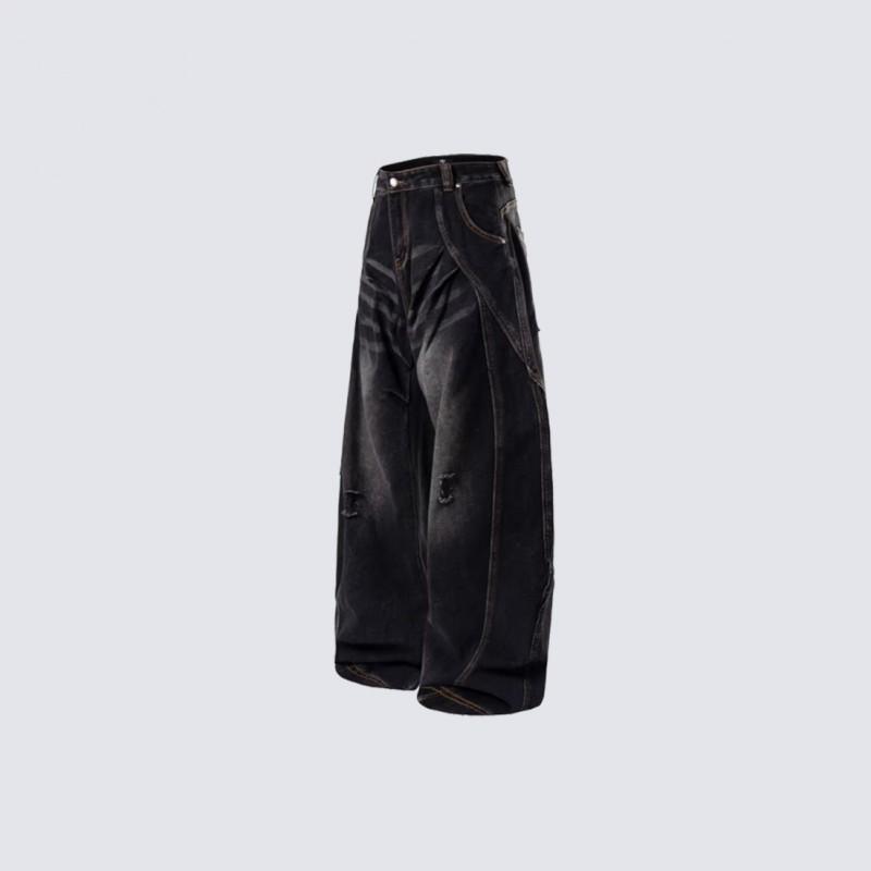 Retro Embroidered Curved Knife Denim Pants Water Washed Distressed Wide Leg Jeans Men Women