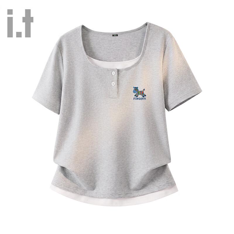 Fingercroxx Women s Faux Two-Piece Henley Short Sleeve T-Shirt L