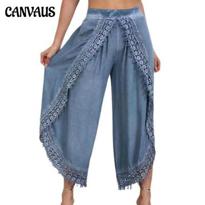 Hoge taille wijde pijpen negende lengte harembroek effen kleur dames kanten rand casual broek dameskleding