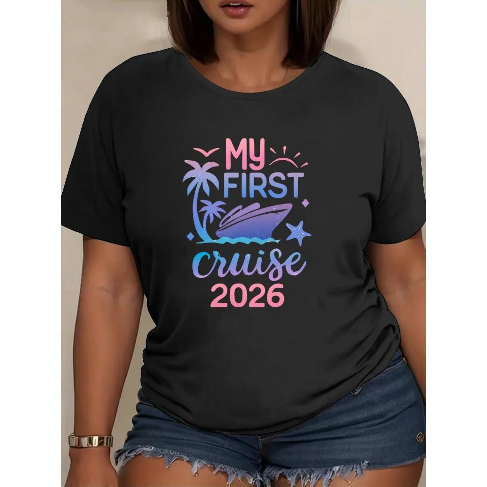 2026 New Fresh and Vibrant First Cruise Trip Printed Pattern Tshirt for Womens Casual Short Sleeve Versatile Daily Cotton Top