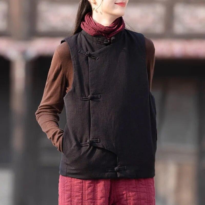 Johnature Dámské Vintage vesty Kabáty Stojánek Jednobarevný Knoflíček Plus Bavlněné Oblečení Podzimní Teplé vesty v čínském stylu