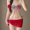 Červené etnické bandeau bikiny s krycí sukní pro malá prsa
